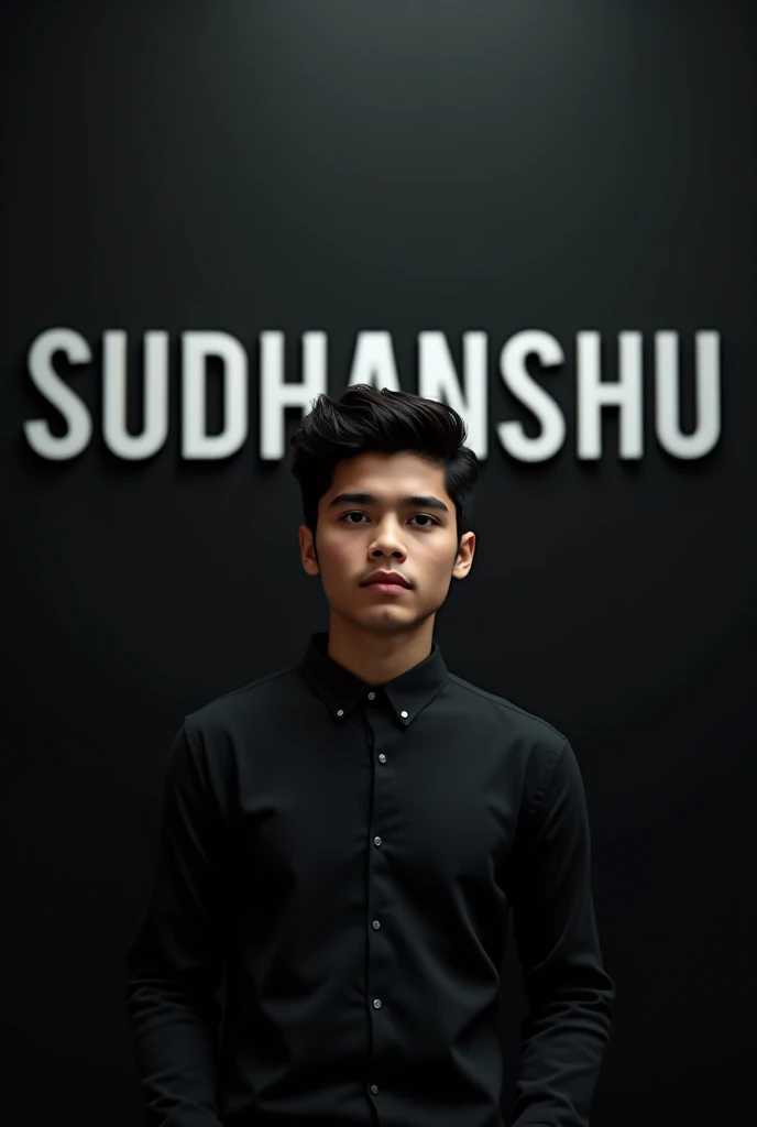Create a 3D illusion picture where a boy in a black shirt he looks ahead. The background features "sudhanshu in big and capital white fonts on the black wall. There should not be his shadow and also he will be an attractive boy with ultra realistic AI