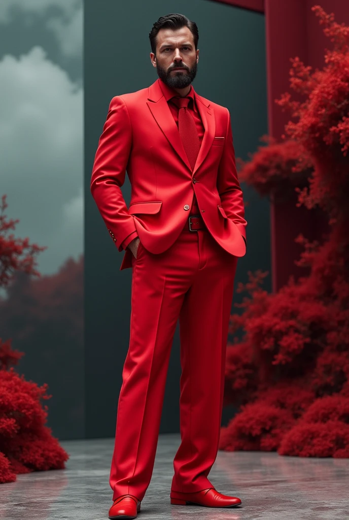 Man in a suit from Schiaparelli Haute Couture 2023 all in one color, beautiful background