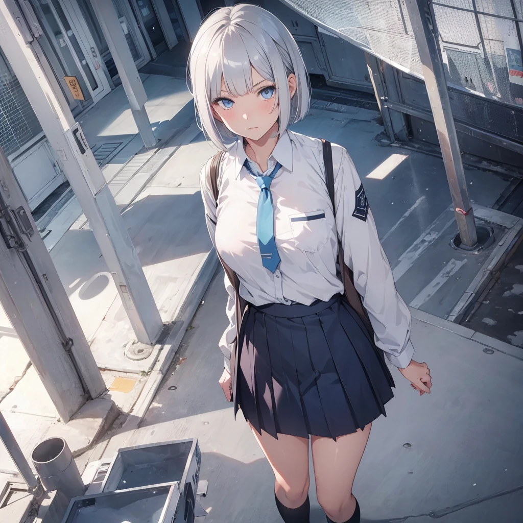 1girl, silver hair, short hair, bob cut, , light blue eye, large breasts, school uniform, nsfw, pussy, anal,
