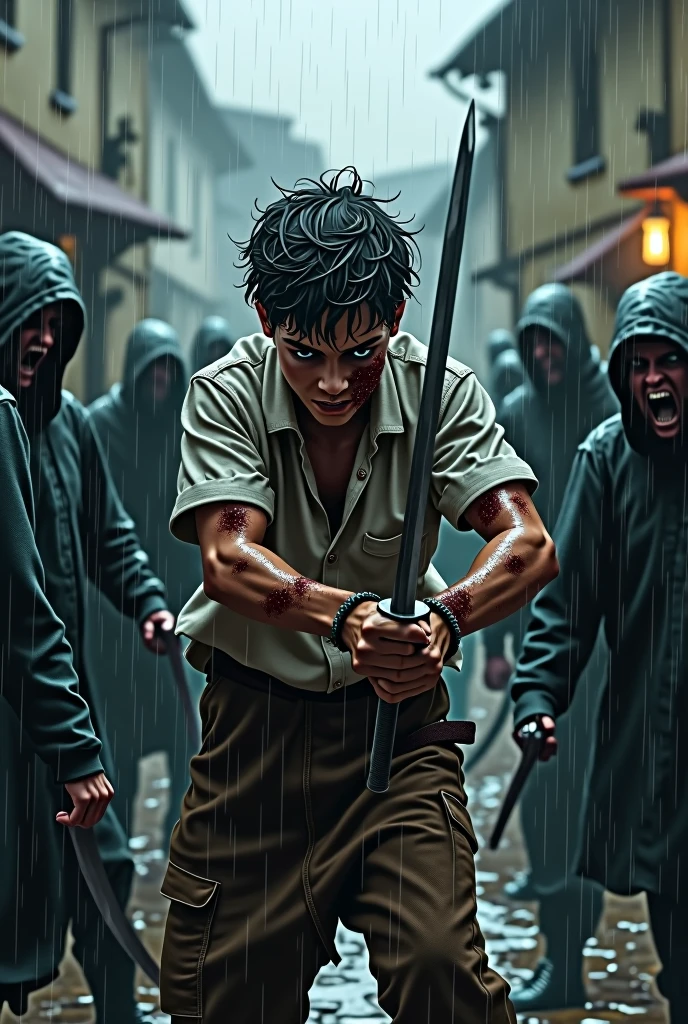 An injured age boy with a sword in his hands is surrounded by many bad people and it is raining in the middle of the village.