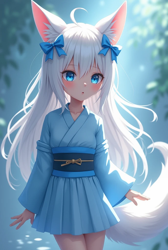 A girl with a white long hair with blue bows in, wear a blue short kimono have white kitsune ears and white kitsune tail have a blue eyes