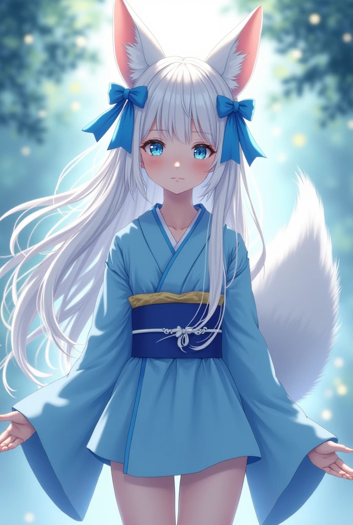 A girl with a white long hair with blue bows in, wear a blue short kimono have white kitsune ears and white kitsune tail have a blue eyes