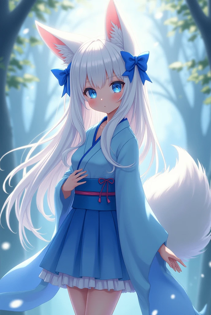 A girl with a white long hair with blue bows in, wear a blue short kimono have white kitsune ears and white kitsune tail have a blue eyes