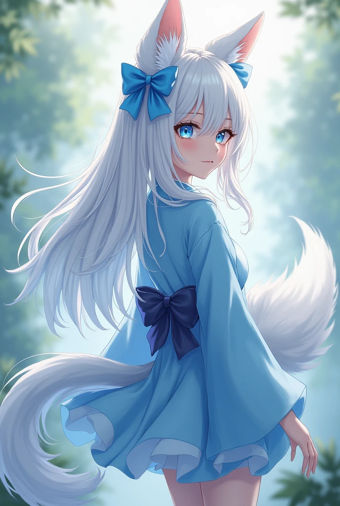 A girl with a white long hair with blue bows in, wear a blue short kimono have white kitsune ears and white kitsune tail have a blue eyes