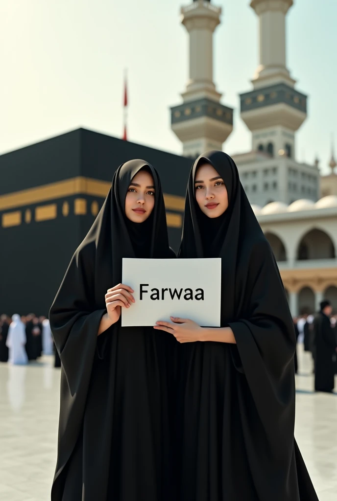 (photorealism:1.2), women standing Infront of makkah wearing black iraani chaadar and bill board in the left hand with name on it and the name is Farwaa

