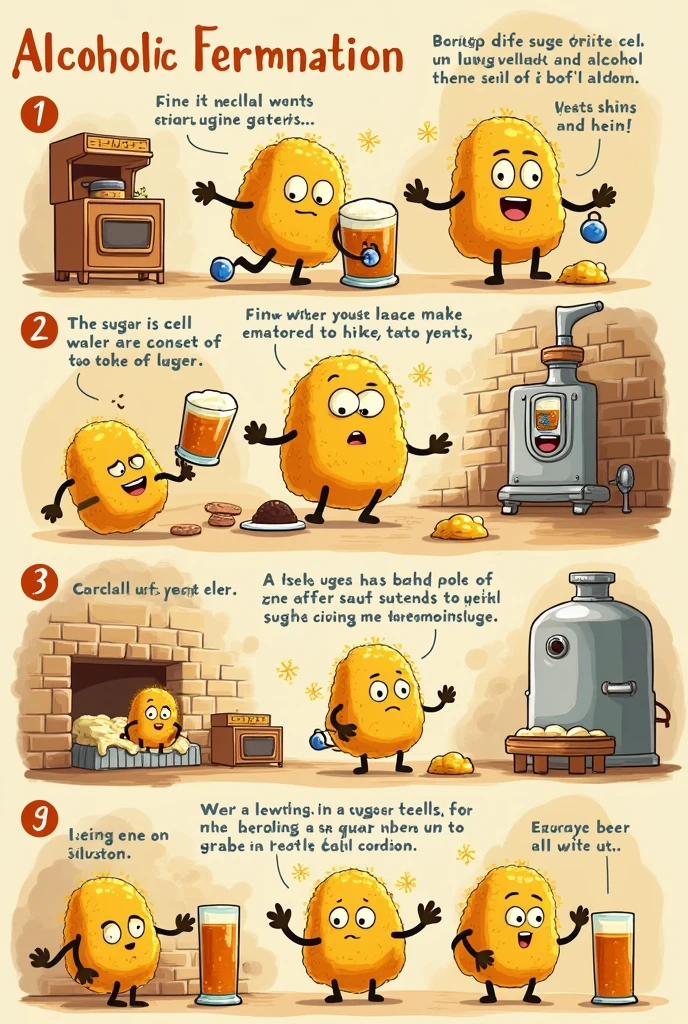 Create several images in sequence of how alcoholic fermentation occurs to explain to children as a comic, but details