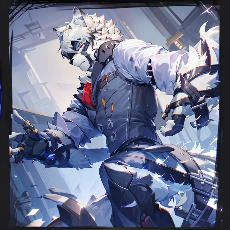 best quality, ultra high res,1furry boy， solo，，((detailed eyes))， volumetric lighting, amazing, finely detail, indoor, luxurious, Western style rooms, upper body, shirt, pants, vest, (body fur, fur, furry, white body, white fur), white hair, lycaon, short hair, wolf ears, eyepatch, tail, wolf boy, red eyes, white arm