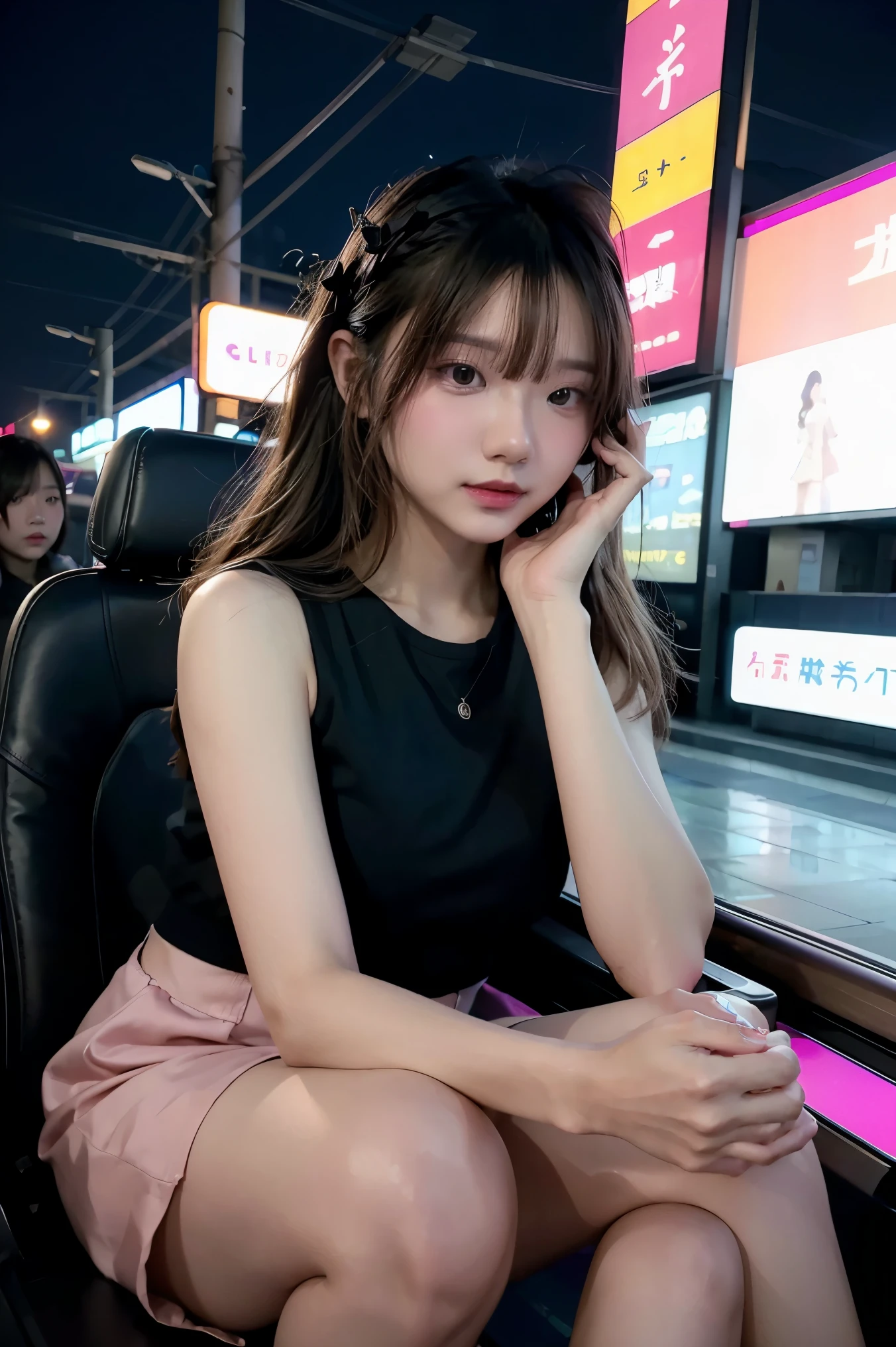beautiful woman, Street at night with lights, Playing with a smartphone, hot pants, The pink flowers are fragrant., Passengers, Night scene gradient, great details, Delicate tones, The silence floating on the screen.  