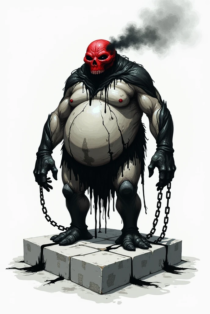 Game character design,Second dimension style,A monster with soul all over its body,Black soul state,The body emits black smoke,The body is bloated,Obese body,Ricketed body,Red mask on face,Black liquid dripping from the body,Chains on the body,Skin has ghost face lines,Combat Status,Standing on white stone,White background