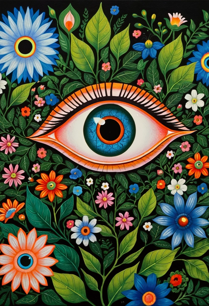 A painting，There is a blue eye in the painting，Surrounded by green leaves and flowers, Portrait of a mysterious giant eye, Very detailed and hypnotic, Mysterious Eye, Psychedelic illustration, Maxim Sukarev, All-Seeing Eye, artwork, Psychedelic surrealist art, author：Maximilian Vanka, author：Murakami Kaga, author：Lubin Baugin, big eyes, adrian borda