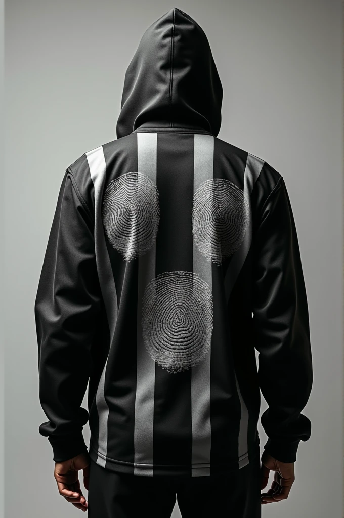 Jersey design of forensic in black and grey stripes and included with fingerprint both front and back view