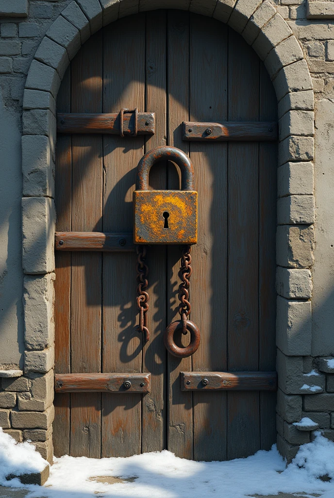  Close up shot of an old lock(更旧的锁 長長旧锁链 特寫   背景是中式更加破舊老舊 更加破舊 古代木門 Close up shot of an old lock 锁链特寫 (Two-piece wooden door)The wooden door has been through the frost and snow, and there is a rusty old lock and chain hanging on it.(Rusty old lock is a masterpiece of brass craftsmanship)On both sides of the wooden door there is a large hollow copper ring connected with an old lock and a long chain. The texture is like an artistic painting and is extremely delicate. (unique style)Very detailed, fresh and elegant aesthetic style, airbrush digital oil painting, movie lighting, very beautiful, perfect composition, intricate details, Super detailed and exquisite high quality work from a master artist