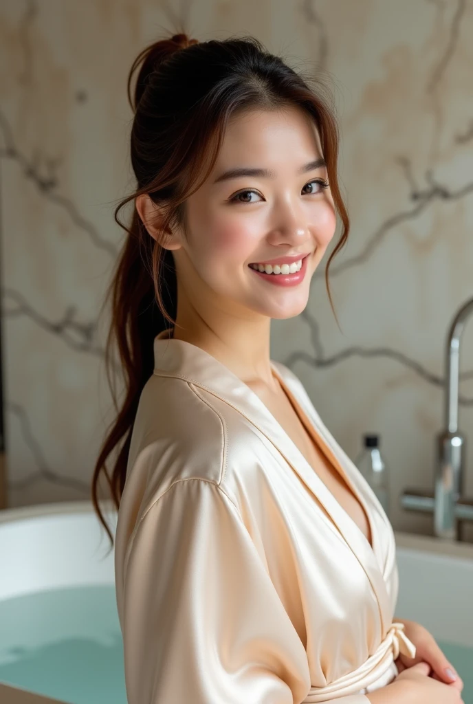Photorealistic, young Asian woman, long brunette hair tied loosely in a ponytail, brightly smiling, wearing only an opened silk bath robe, standing in front of a marble bathtub