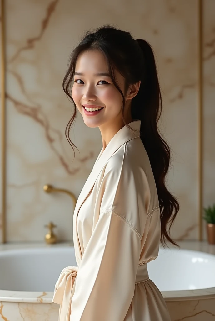 Photorealistic, young Asian woman, long brunette hair tied loosely in a ponytail, brightly smiling, wearing only an opened silk bath robe, standing in front of a marble bathtub