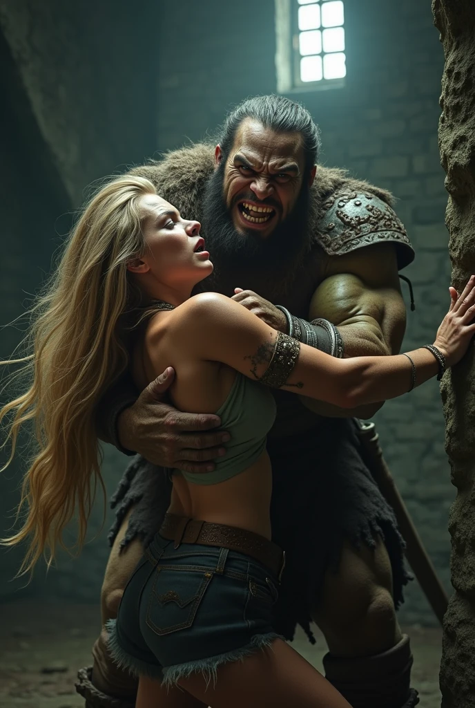 Naked beautiful young blonde girl got her hair pulled and dragged by orc's strong grip. The girl's face shows a mixture of fear and helplessness, Her long, flowing blonde hair is being forcefully tugged by the orc, emphasizing his brute strength. He has erection from excitement. The girl will be used as breeding livestock. The scene takes place in a dimly lit dungeon, with faint rays of light filtering through a small, barred window. The girl's torn clothes and disheveled appearance portray her vulnerability and helplessness. The orc's muscular physique and menacing expression highlight his dominance and aggression. The walls of the dungeon are damp and moss-covered, adding to the atmosphere of despair. The girl's desperate struggle for is evident in her clenched fists and strained posture. The overall image is characterized by its high image quality, with crisp details capturing every nuance of emotion and texture. The lighting is dramatic, casting deep shadows and accentuating the girl's tear-filled eyes. The color tone is dark and gritty, enhancing the sense of danger and urgency.