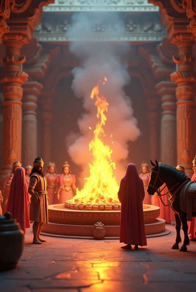 In cinematic 3d cartoon style " The final image shows the Yagna ceremony in progress. A large sacred fire burns in the center of a beautifully decorated Yagna Kund (sacrificial altar). The king and queen, dressed in ceremonial attire, stand near the fire, making offerings under the guidance of the priest, who chants holy mantras. The returned horse stands peacefully nearby, symbolizing the Yagna’s completion. The atmosphere is serene and sacred, with holy smoke rising from the fire and the background filled with ancient temple architecture."