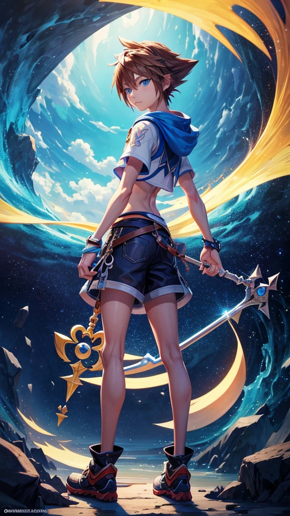 create an image of the character Sora from the kingdom hearts game series, gazing at viewer, showing the keyblade