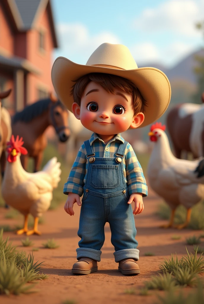 a baby ,Scrawny, smiling slightly light brown hair, brown dark eyes, light cowboy hat, working with, horses, chickens, cows, in the farm, blue and white plaid shirt denim dungarees, caleb writing 1 year 3d hd image