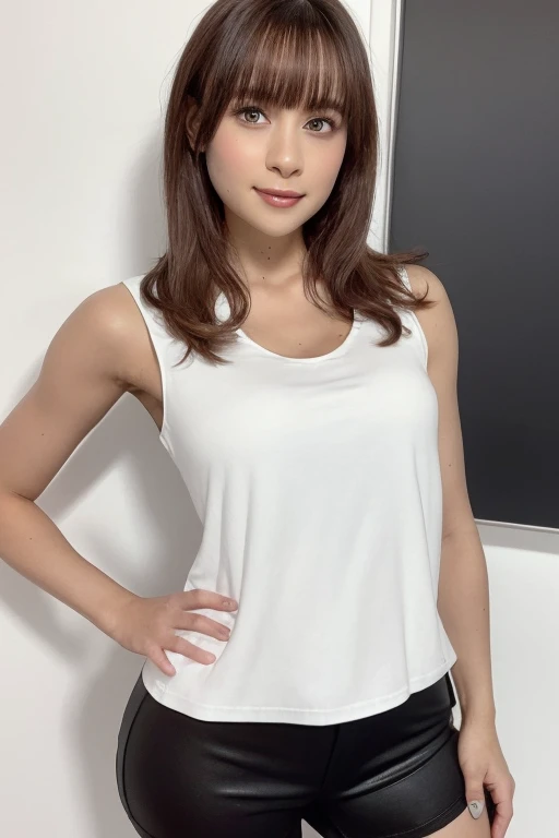 1girl, beautiful woman tank top jacket、Pink Panties, skinny, perfect body, defined abs, gold hair, standing in a white wall photography studio, ultra-detailed face, beautiful eyes, beautiful lips, double eyelids, shy smile, trimmed bangs, sun-kissed skin, hint of pubic hair, (best quality, 8k, masterpiece:1.3), frontal and full-body shot, pussy line, front facing, open legs