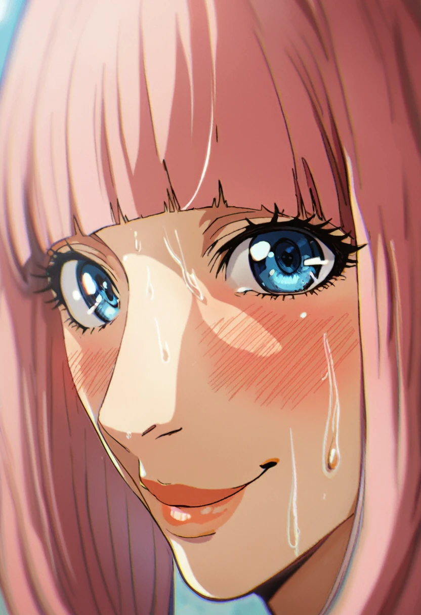 score_9_up, score_8_up, score_7_up, hana midorikawa, blue eyes, pink hair, double ponytails hairstyle, looking at viewer, blush, sadistic smile, sadistic eyes, bangs, lips, sweat, blunt bangs, close-up, best quality, high quality