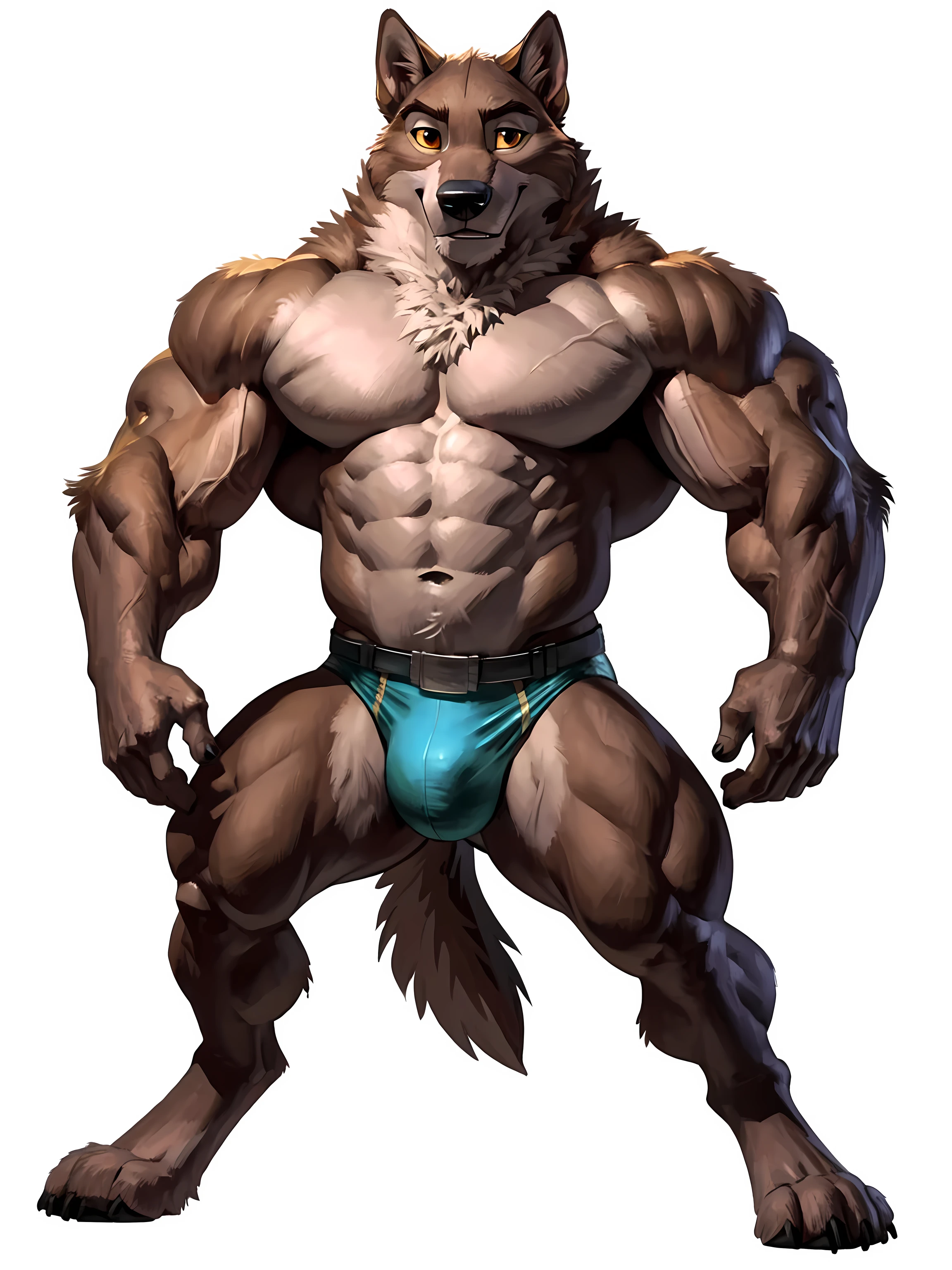 balto, baltowd, brown eyes, yellow sclera, adult, masculine, male, (quadruped, feral, feral dog):1.0, very muscular:1.5, muscles:1.5, strong chest, muscular shoulders, strong body, muscular neck, biceps, triceps, lats, muscular thighs, calves, vascular, veins, wide chest, taran fiddler style, virtyalfobo style, negger style, (no background, white background):1.3, cel shaded:1.2, cartoony shading, detailed eyes, high quality, high resolution, detailed, full body, muscular forelegs, muscular legs, thickly built legs, white fur, standing on back legs:1.1, legs spread, big belt, detailed belt, tight underwear, blue speedos,