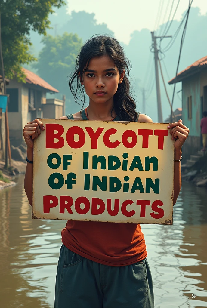 Give me an image which written Boycott Indian Products banner with girl.
Reason Bangladesh flood.