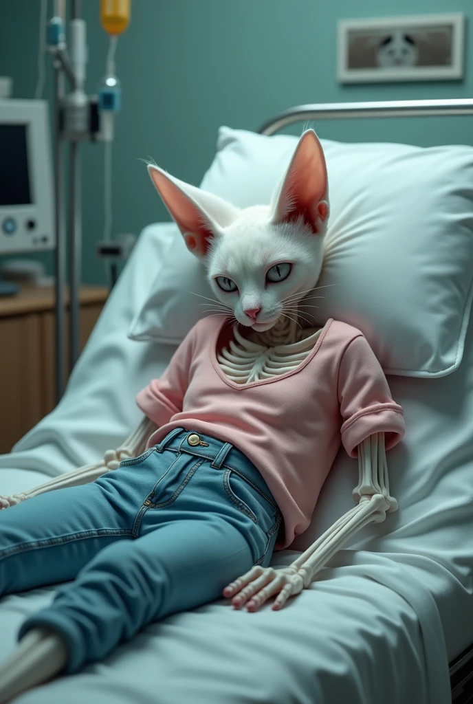 A white bony cat dressed in pink top and blue jeans crying on hospital bed 