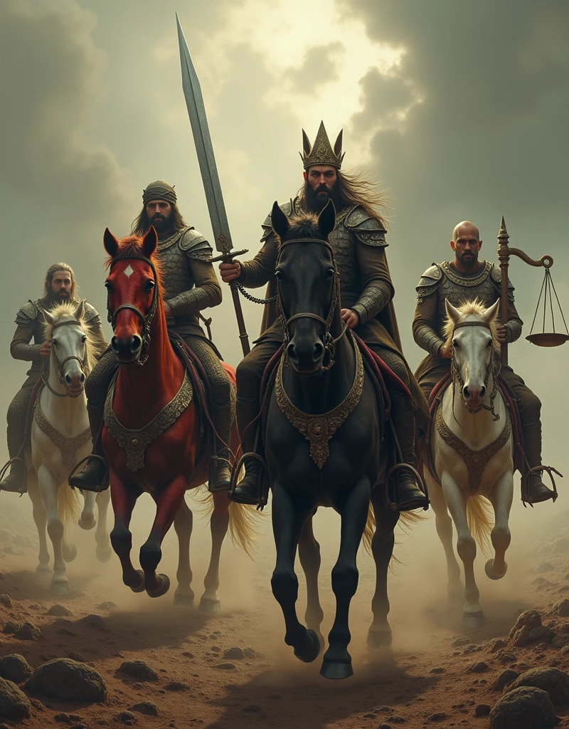 (photorealism:1.2) the 4 riders of the apocalypse on their horses. The first one is a white horse and his rider holds an arc and arrow and a crown on his head. The second one is a red horse whose rider holds a large sword and he was a peace braker. The third one is a black horse whose rider holds a ancient balance on his hands and his name was hunger. The fourth one is a yellow horse whose rider was called "DEATH" and his partner was HADES.