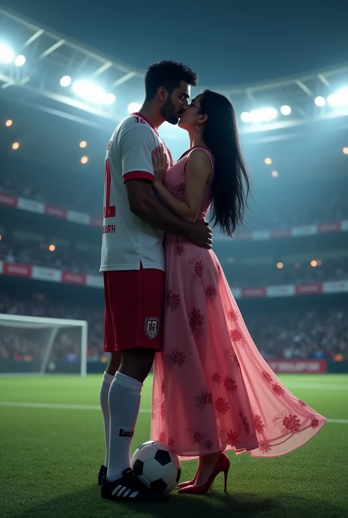 A man and woman kissing eachother in football stadium ground at night time all spot light on them woman is wearing glasses and had black hair . Woman is wearing blue dress high heels and a lab coat over dress. Man is wearing white and red colour 32 number jersey. Siddharth written on jersey. Woman is cupping man s face . Man s one foot resting on a soccer ball. Man is 1 feet taller than woman. Add some audiance in stedium . Make man s tall than woman . Make it realstic. Make them indian.make boy handsome