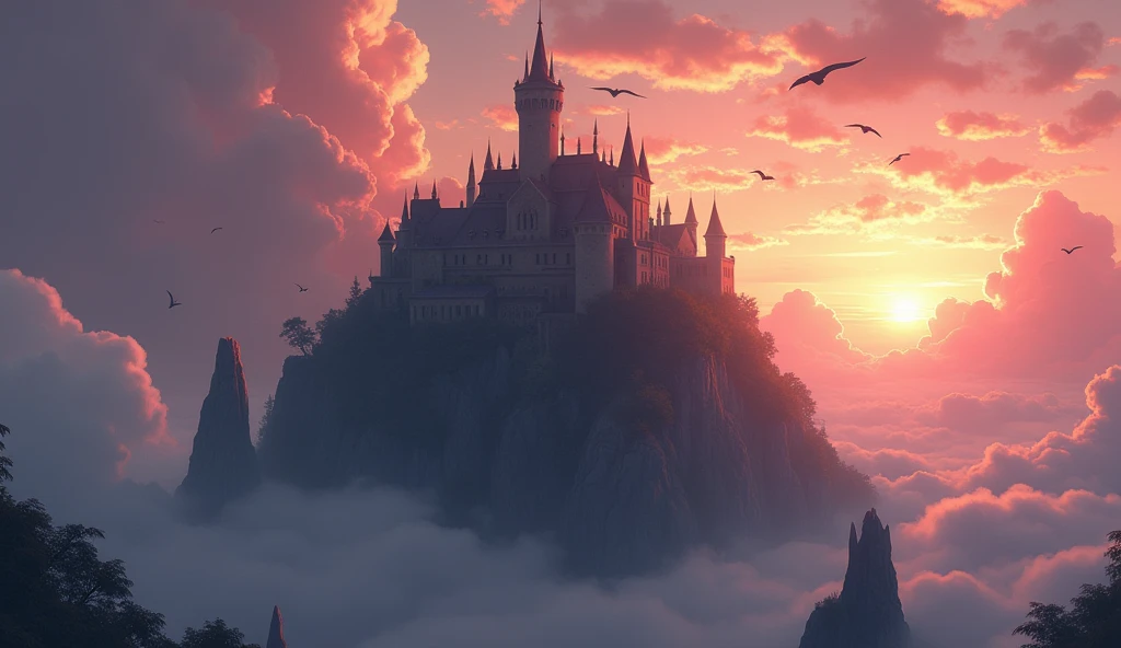  anime aestetics, anime scenery, digital painting, medieval castle standing on the top of the standing on the huge stone pillars island, a lot of little dragons flying around the castle, dark souls 2 aestetics, cloudy weather, sunset, calm atmosphere, beautiful architecture, wide shot, perspective, atmospheric perspective, vanishing point, 8k, highres, best quality, award winning, super detail, masterpiece, UHD