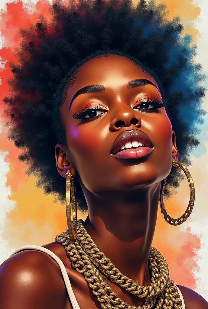 Beautiful black women paintings, Pretty Face, wearing flashy gold Chains, Hip Hop, affectionate, avant-garde, Street Queen, Check it out, Ultra-fine inspired by WLOP, Art Station Trends, Fantasy Art, Complexity and confusion, The Art of Batting, Wallop Art, WLOP |, Influence, Beautiful character painting, Wlop style, WLOP | The germ of art, Unparalleled glass beauty, Figurative Art, Intense watercolor, Watercolor Detail Art, Watercolor splash, Surrealism, avant-garde波普艺术, Beautiful and expressive paintings, Beautiful art illustration, rich and colorful, wonderful, Cruel beauty, masterpiece, best quality, Official Art, Women only, Clear outline, Best Shot, Vector Art, author：Sandra Chevrier, Dave McKean、Richard Avedon、screenwriter：Markiz Kuciala (Makizi Kuciala), Luminous design