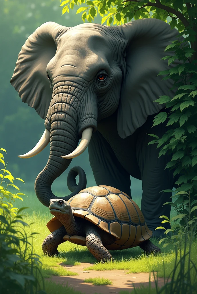 However, the elephant, being large and imposing, grew suspicious and followed the tortoise one day. Make this very specific and detailed . Make the elephant to be sneaking behind the bush while secretly following the tortoise , just make the elephant look sneaky and be hiding behind a bush