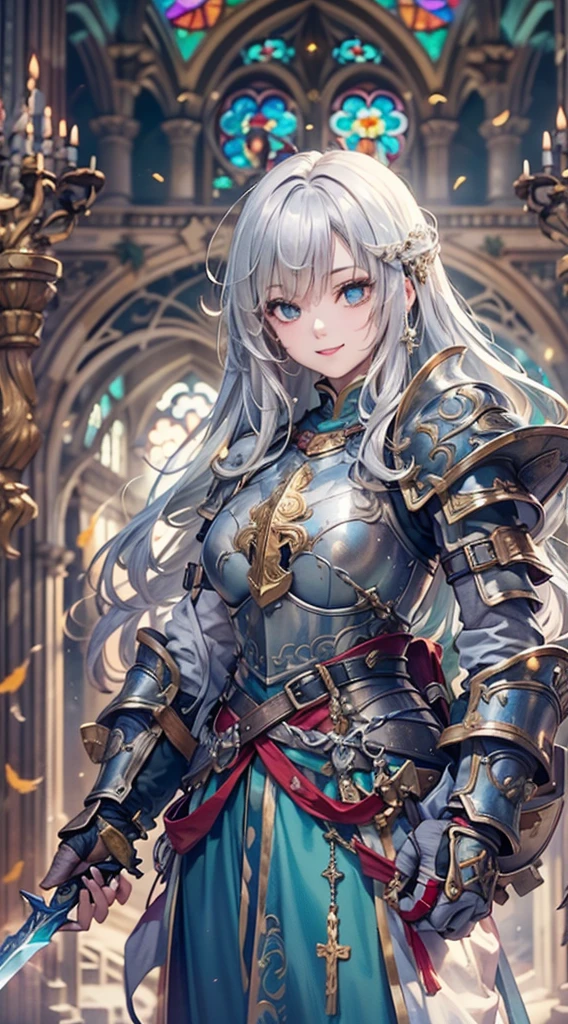 (Official Art、Highest quality、Unity 8k wallpaper、32K、masterpiece、Ultra-detailed、Ultra-high resolution、Realistic、Photorealistic、So ridiculous:1.2)、(Cinema Lighting:1.2)、Fire Glow Effect、Film Grain、Best Shadow、Rim Light、Side light、(Highly detailed and intricate 3D rendering)、細部までBeautiful Faceと目、Sharp pupils、Realistic生徒、Slender、1men and women、Medium Bust、(whole body:1.2)、 Beautiful Face、1 beautiful girl、(Highly detailed skin、Detailed skin texture:1.3)、(Silver Blonde、Blue-silver hair:1.3)、Paladin、Long Hair、Blunt bangs、Green Eyes、3 braids per bundle、(Blue Armor、Blue Boots、Blue Helmet、gem、Gold embroidery)、Slender、Maxi Skirt、(Thighs Thighs Thighs Thighs:0.8)、(cheese、in house、Artistic stained glass、Large Pipe Organ、cross、Hello Point、Mysterious、Many feathers floating、Angelic、Particles of light、Solemn、Nikko is、colorful、Fantasy:1.2)、(Fantasy:1.3)、(With the holy sword in hand:1.4)、(avert your eyes、Looking into the distance:1.3)、Fantasy、A kind smile