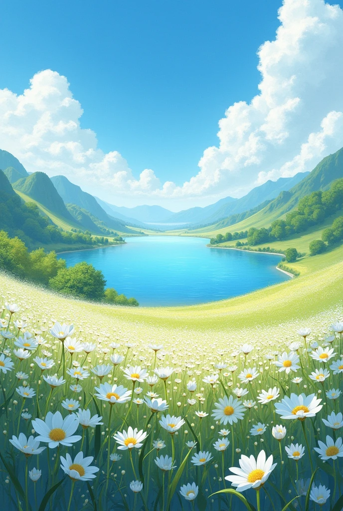 A beautiful painting style image of a beautiful field of white flowers with a huge lake in the center