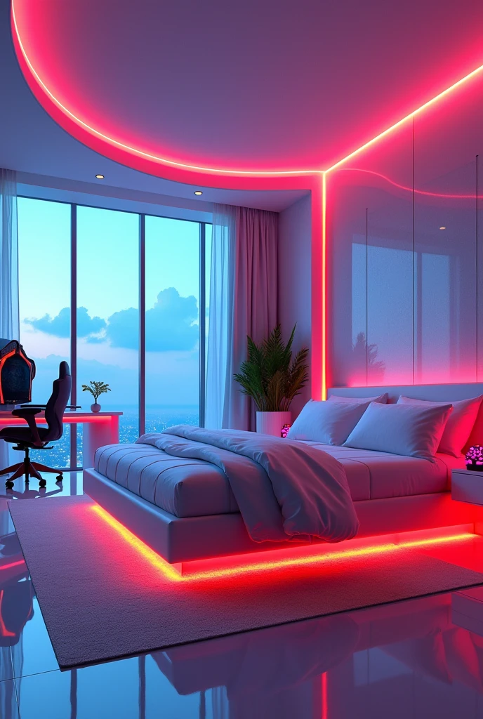 futuristic rich billionaire modern room, futuristic rich billionaire modern colorful LED white lights, futuristic rich billionaire modern bedroom, realistic view, realistic sky, sun reflection, uncommon and unique, realistic shadow, realistic shader, dynamic lighting, modern LED lights, master bedroom, king size bed, big room and big window, gaming computer setup with neon lights, corner view, 