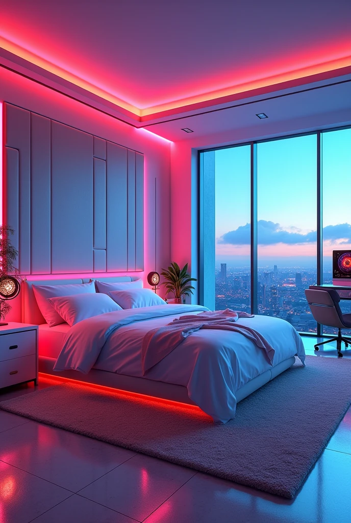 futuristic rich billionaire modern room, futuristic rich billionaire modern colorful LED white lights, futuristic rich billionaire modern bedroom, realistic view, realistic sky, sun reflection, uncommon and unique, realistic shadow, realistic shader, dynamic lighting, modern LED lights, master bedroom, king size bed, big room and big window, gaming computer setup with neon lights, corner view, 