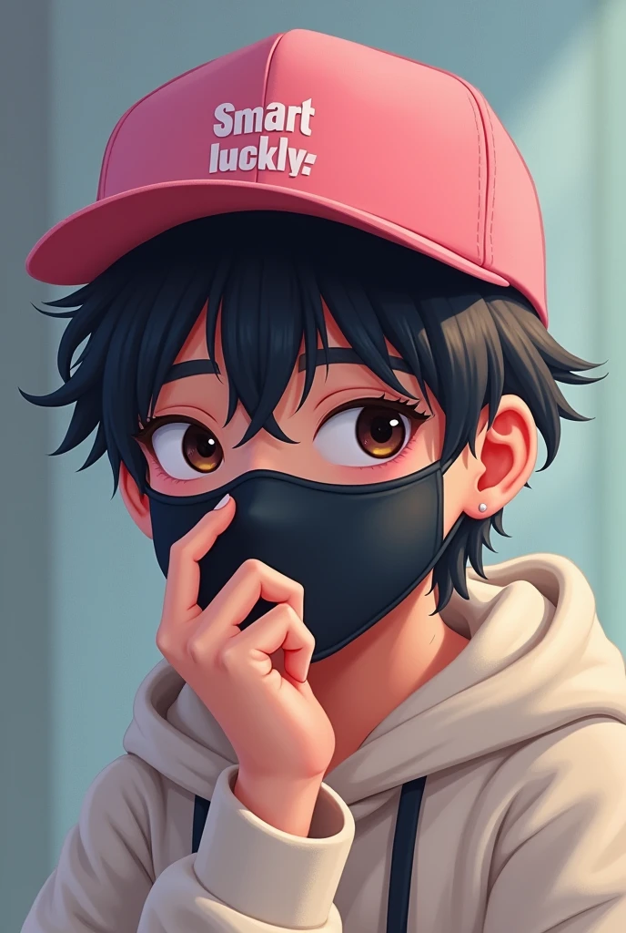 A digital illustration of a you person wearing a pink cap with the text SMART LUCKY on it. They have tousled dark hair partially covering their forhead and are wearing a black face mask. The individual is touching the mask is with their hand,looking slightly downcast. They are dressed in a light-colored hoddie,and the background features soft,bluerd colorred,suggesting a casual setting
