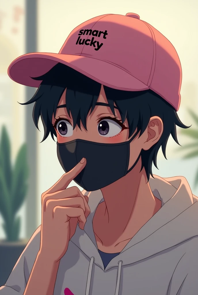 A digital illustration of a you person wearing a pink cap with the text SMART LUCKY on it. They have tousled dark hair partially covering their forhead and are wearing a black face mask. The individual is touching the mask is with their hand,looking slightly downcast. They are dressed in a light-colored hoddie,and the background features soft,bluerd colorred,suggesting a casual setting