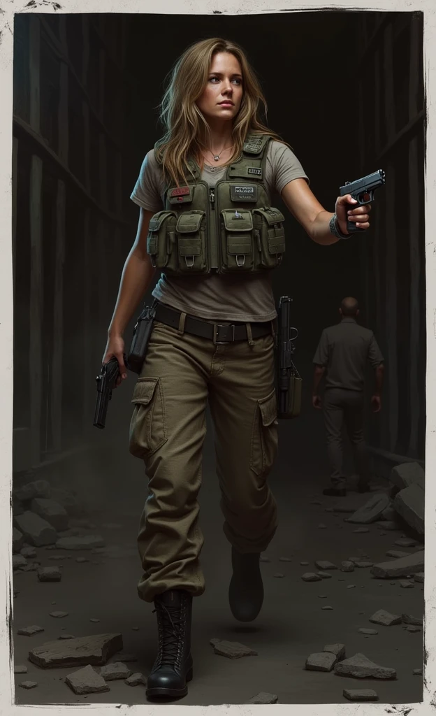 Woman in military gear in a zombie apocalypse, holding a beretta