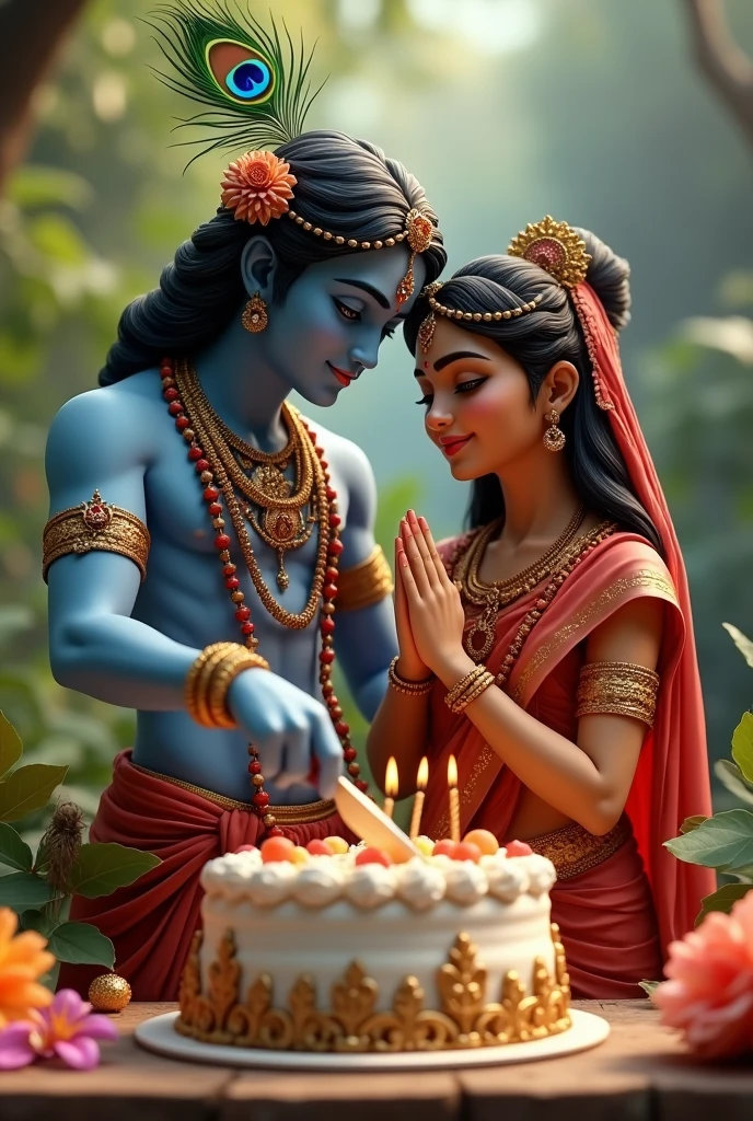(photorealism:1.2), Krishna and Radha celebrate Lord Krishna's birthday Krishna cuts the cake with a knife Radha smiles and claps Happy Birthday to Krishna Krishna has a peacock feather on his head