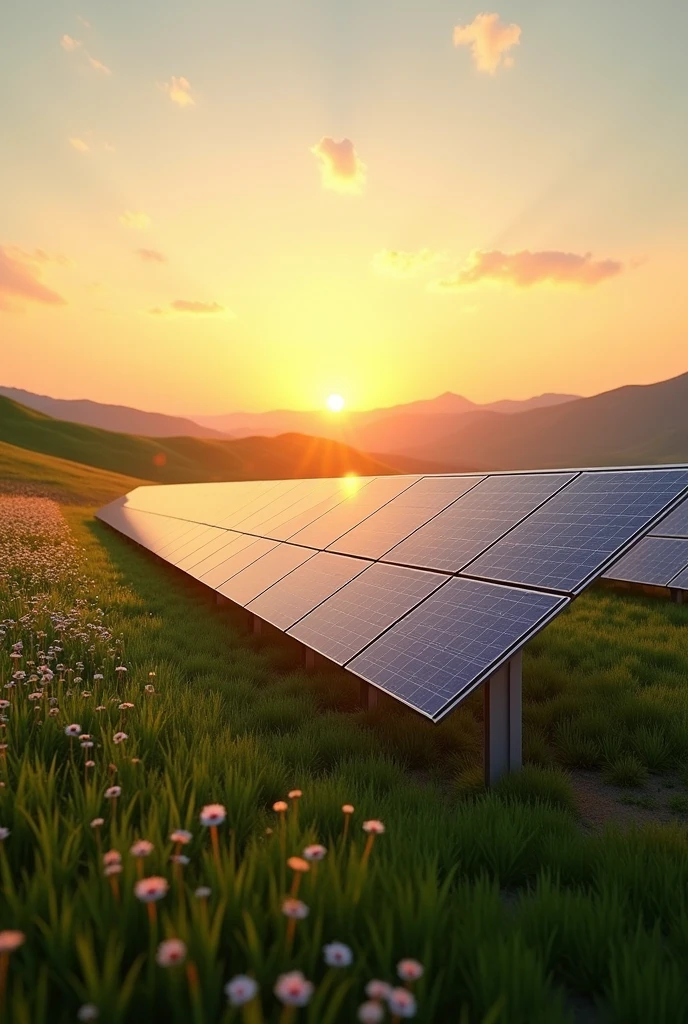 Solar panels in a field with sunrise