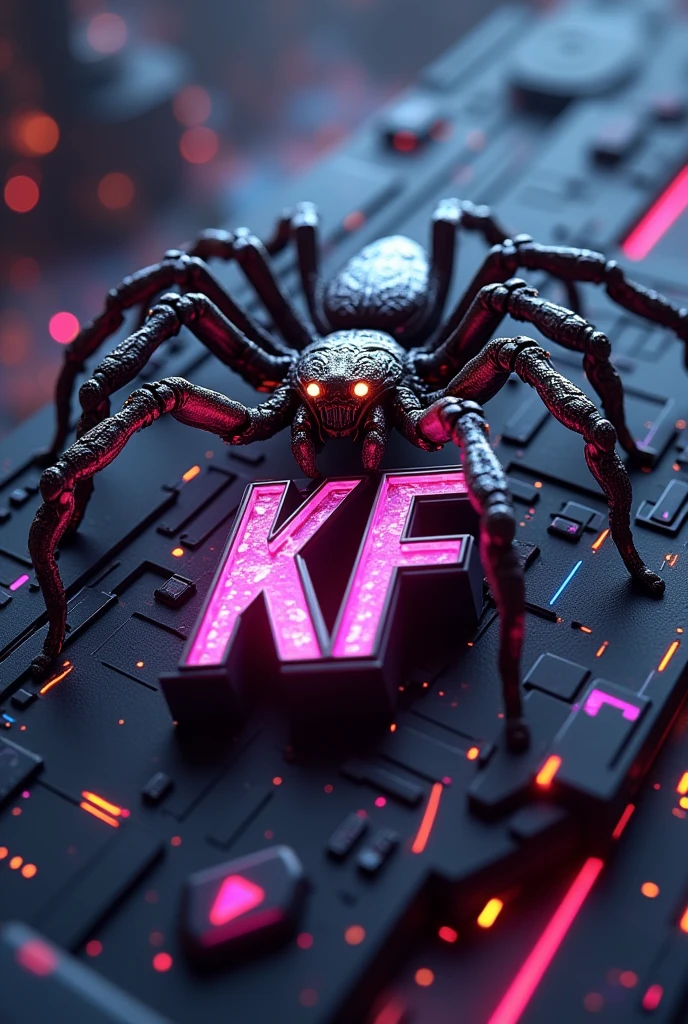 create a realistic 3d logo with spider for my YouTube channel, the channel  name KF using many metas  and many colour combination like cyberpunk, make it detail 8k
