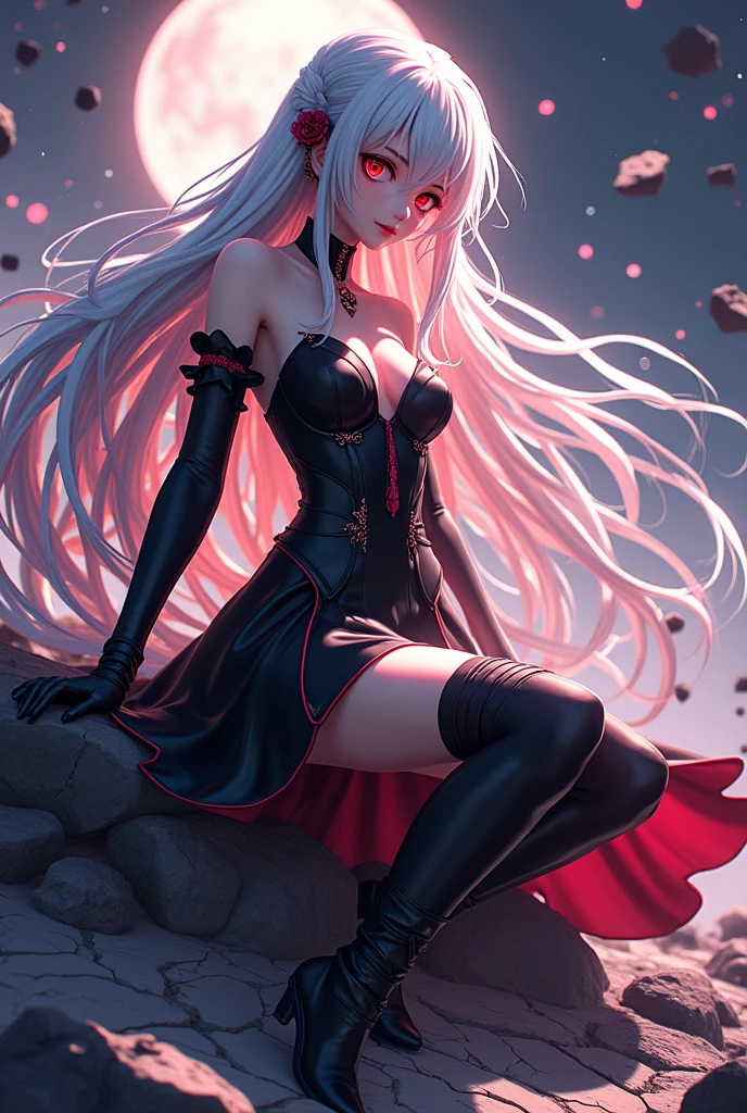 anime Girl with long white hair down to her waist, with small red details, red eyes, long black dress with a leg slit, with red details, long black boots up to below the knees, white skin, the ground around her is cracking and small stones are floating around her surrounded by a black aura, she is surrounded by shadows, and the background is dark like the night with the universe and stars, her presence causes fear, her shadow appears to be a monster, 8k, high quality, full body, (ultra-realistic), {extremely detailed 8k CG unit wallpaper}, expansive landscape photograph, (light: 2.0), (warm light source: 1.5), complex details, (iridescent colors: 1.5), (bright lighting), (atmospheric lighting), surreal, impressive, fantasy, (Solo: 1.2), White moon, (detalles ultra épicos), efecto de muchas aguas, rayos y truenos, caos, naturales, destello, 3D, 8K, fondo de pantalla, dark monster like shadow with big teaths, rodeado de cadáveres.