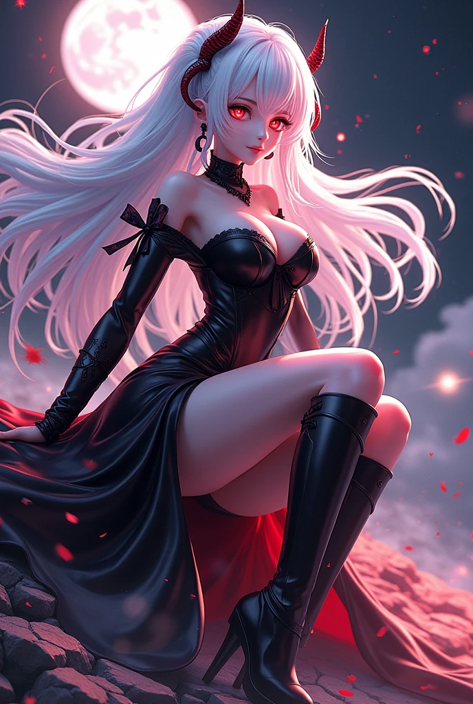 anime Girl with long white hair down to her waist, with small red details, red eyes, long black dress with a leg slit, with red details, long black boots up to below the knees, white skin, the ground around her is cracking and small stones are floating around her surrounded by a black aura, she is surrounded by shadows, and the background is dark like the night with the universe and stars, her presence causes fear, her shadow appears to be a monster, 8k, high quality, full body, (ultra-realistic), {extremely detailed 8k CG unit wallpaper}, expansive landscape photograph, (light: 2.0), (warm light source: 1.5), complex details, (iridescent colors: 1.5), (bright lighting), (atmospheric lighting), surreal, impressive, fantasy, (Solo: 1.2), White moon, (detalles ultra épicos), efecto de muchas aguas, rayos y truenos, caos, naturales, destello, 3D, 8K, fondo de pantalla, dark monster like shadow with big teaths, rodeado de cadáveres.