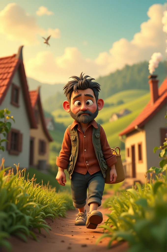 In cinamatic 3d cartoon "A small village is shown, where a poor farmer lives. He works hard in the fields all day and returns home tired in the evening."