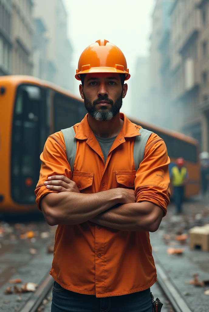 Make a worker with crossed arms wearing an orange helmet in front of a bus on its side in the background