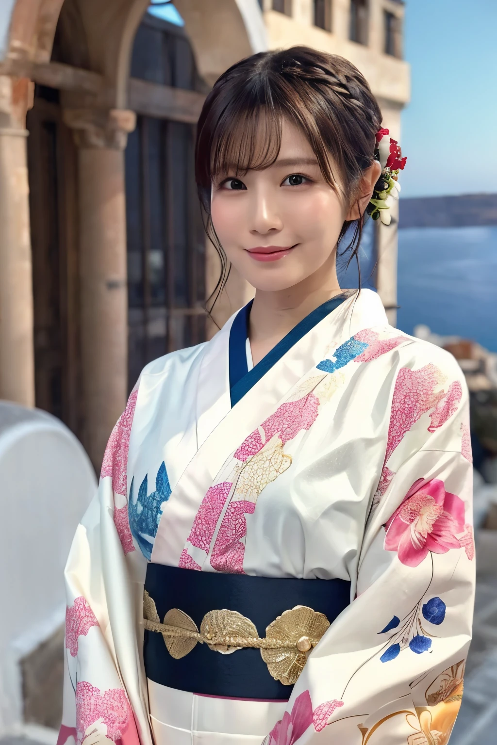 1 person, (Wearing a pink floral kimono.:1.2), Very beautiful Japanese idol portraits, 
(RAW Photos, Highest quality), (Realistic, Realistic:1.4), (masterpiece), 
Very delicate and beautiful, Very detailed, 2k wallpaper, wonderful, finely, Very detailed CG Unity 8k 壁紙, Very detailed, High resolution, Soft Light, 
Beautiful details, Very detailed目と顔, Beautiful and sophisticated nose, Beautiful and beautiful eyes, Cinema Lighting, 
(Commemorative photo on Santorini Island:1.3), (White Building), (blue sky), (Church bells), (Aegean Sea),
(Japanese hairstyle), (Tie your hair at the back:1.3), (bangs), (hairpin), 
Complete Anatomy, Slender body, Small breasts, smile