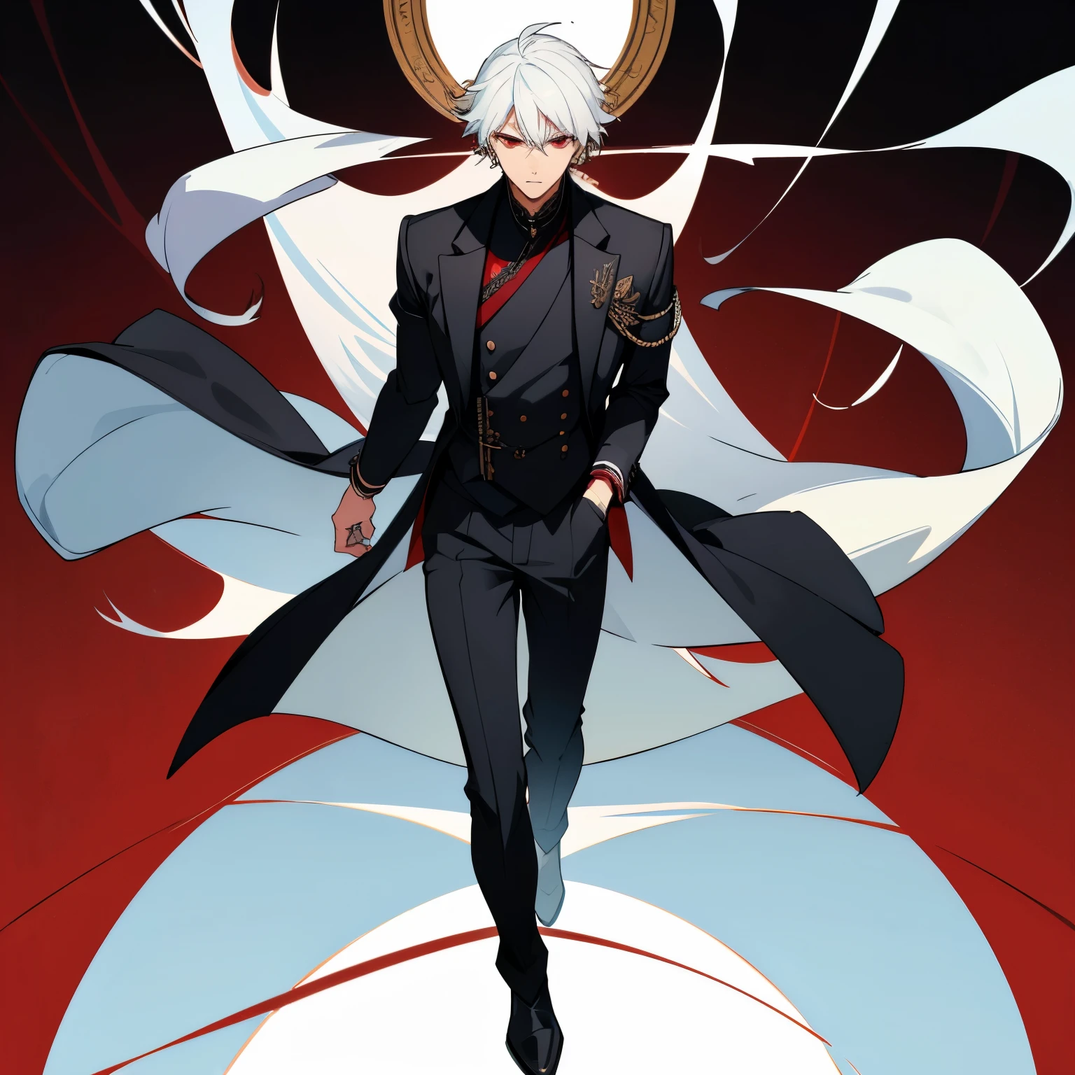 1 boy, white hair, red eyes, black noble cloth, calm face, handsome male guy, masculine, old boy, grown man, 2, bored face, man, big male, short hair, msssy hair, full body