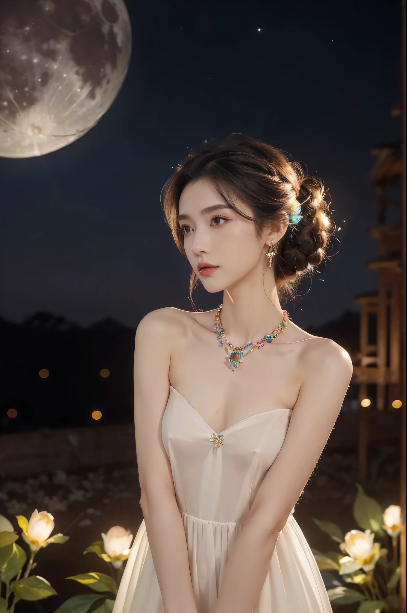 (((best quality))),(((ultra detailed))),(((masterpiece))),illustration,((1 beautiful girl,solo)),(neat chignon:1.2),((earrings,crystal necklace)),((slim,thin)),((small breasts,flat chest)),(slender legs:1.2),(stockings:1.3),(a moon in the clear night sky as the background:1.3), gentle glow,(Standing in the world full of vibrant flowers:1.3),(gorgeous dress:1.3),sparkling eyes,graceful,(surrounded by crowded colorful flowers:1.5), kaleidoscope, shimmer,bright moonlight, delicate petals, fragrance, otherworldly, magical realm, enchantment, tranquility, essence of beauty, peace,(outdoor:1.),(night scene:1.3),((from front,upper body))