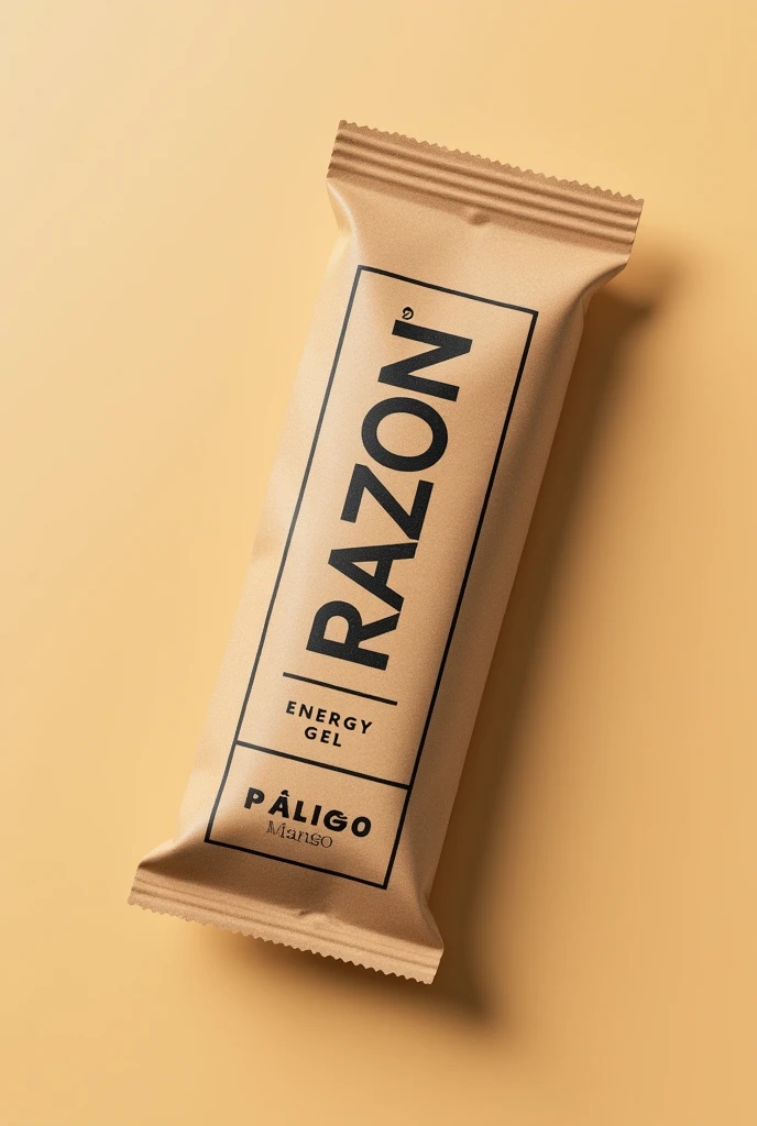 can you add label using black fonts to my 5cm width x 30cm height brown kraft paper 3-sides heat sealed packaging thin strip. The label should include brand name “RazeOn”, product name “Energy Gel”, flavor “Mango” and net weight “30 grams”. So there should be only brown and black colors and make it minimalistic with black border